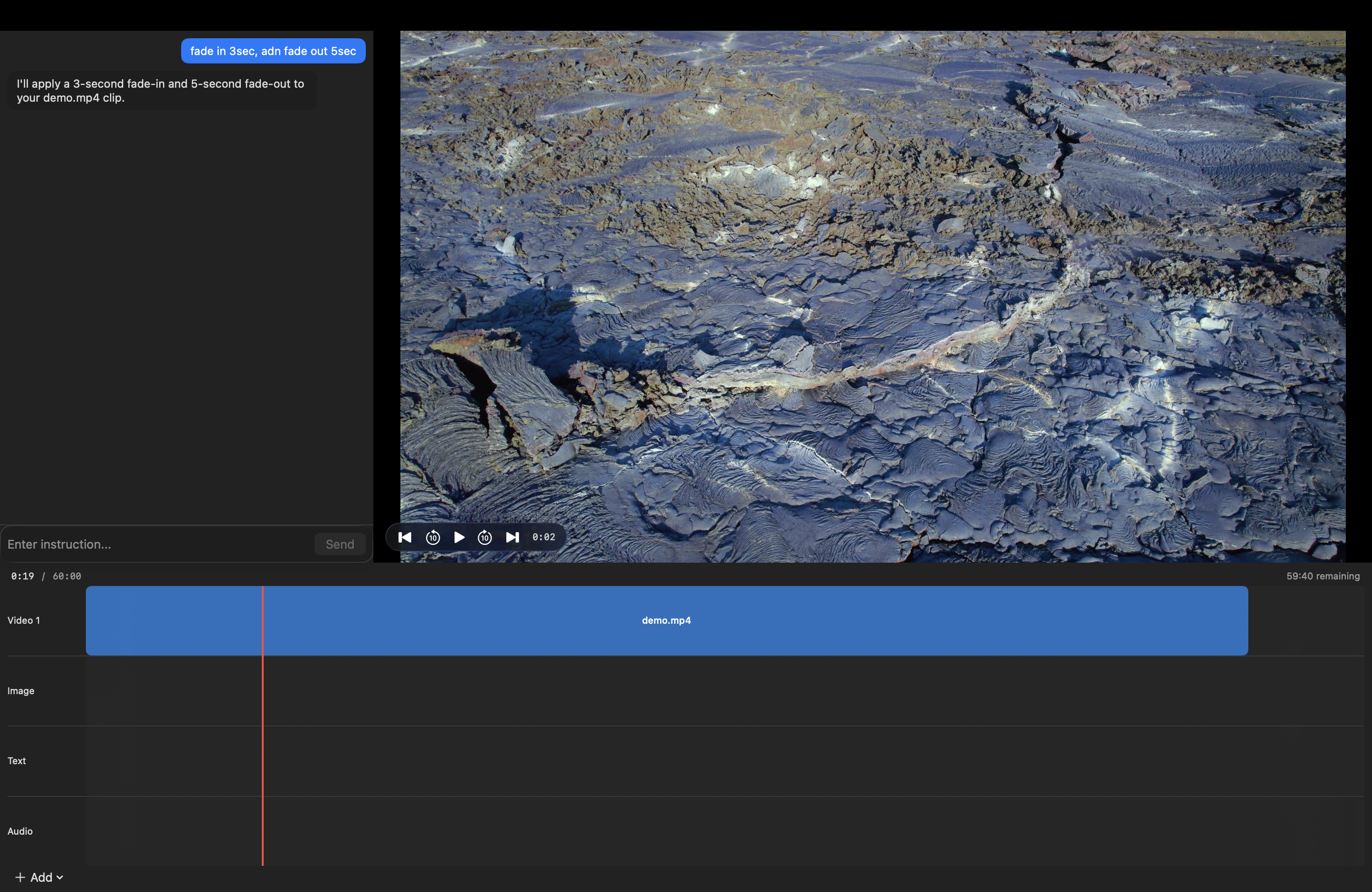 Mever editor showing a video timeline with natural language command input